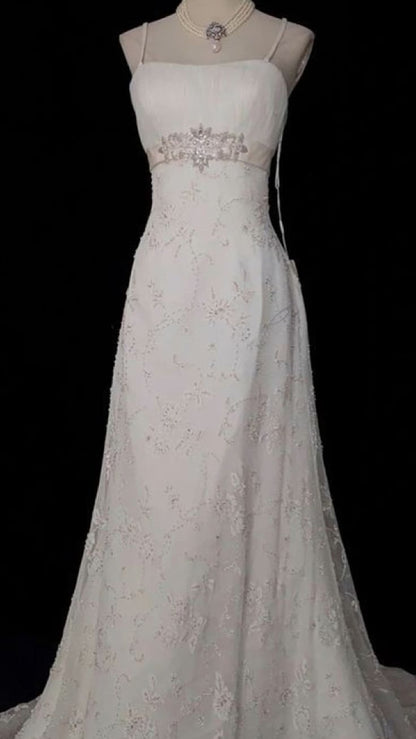 Robe de mariée rétro années 50, coupe trapèze, bretelles spaghetti, perles argentées et dentelle, tailles petites et grandes, idéale pour un mariage printemps-été AB1478