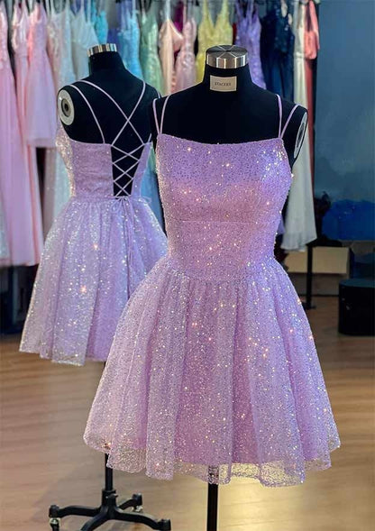 Süßes Ballkleid mit Spaghettiträgern, lila, ärmellos, Pailletten, kurzes Minikleid, 16. Geburtstagskleid, Hoco Outfits N1907