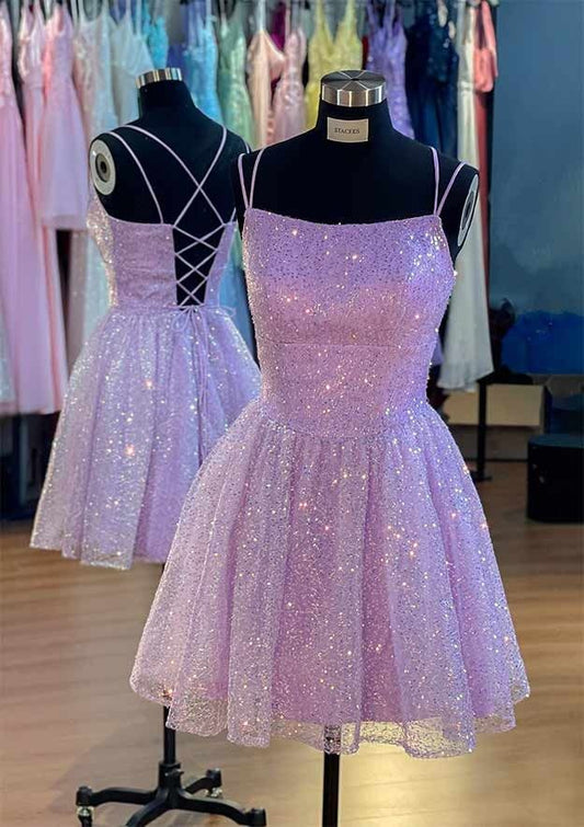 Süßes Ballkleid mit Spaghettiträgern, lila, ärmellos, Pailletten, kurzes Minikleid, 16. Geburtstagskleid, Hoco Outfits N1907