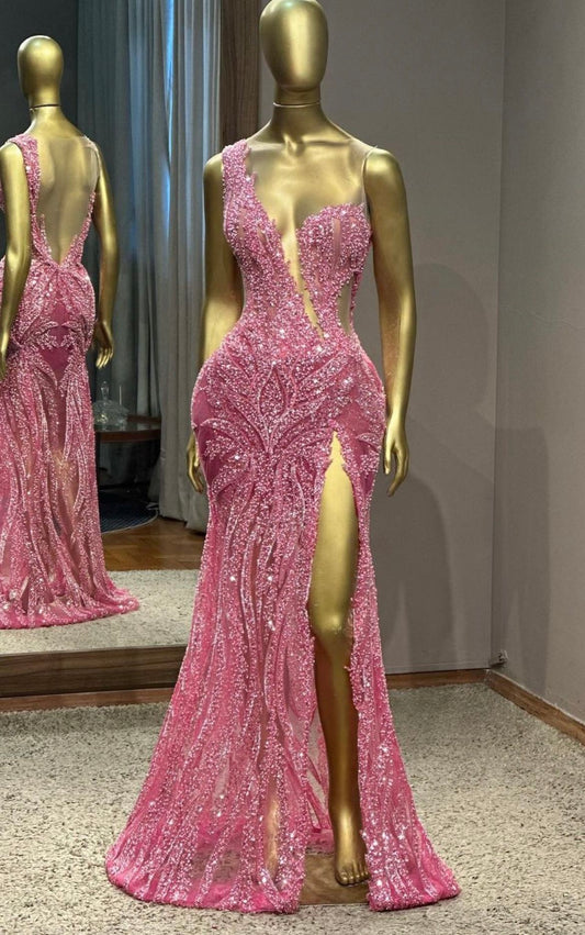 Atemberaubende Meerjungfrau U-Ausschnitt Rosa Schlitz Pailletten Ballkleider Inspiration Ballkleid Prinzessin Abschlussballkleid B425