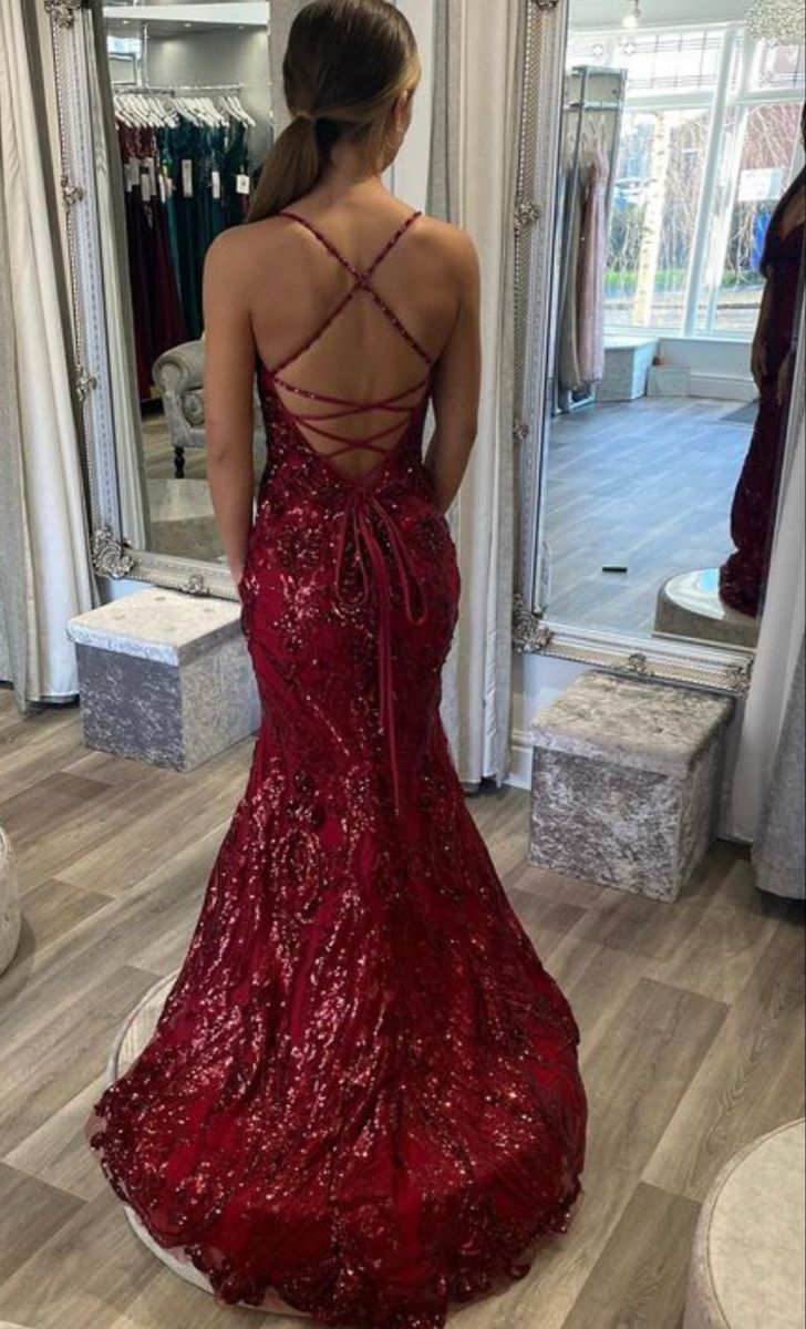 Robe de bal longue sirène à paillettes bordeaux, bretelles spaghetti, sequins, AB1478