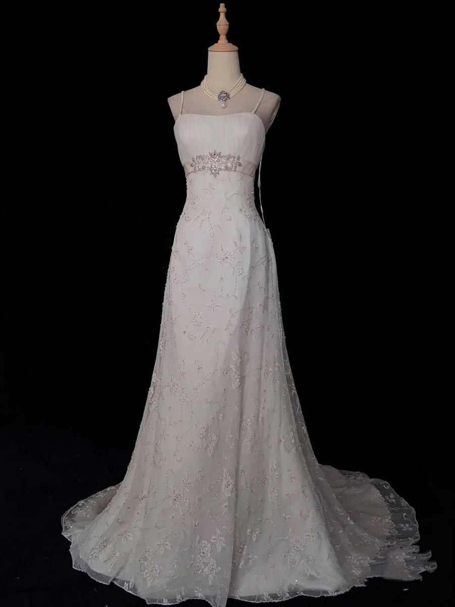 Robe de mariée rétro années 50, coupe trapèze, bretelles spaghetti, perles argentées et dentelle, tailles petites et grandes, idéale pour un mariage printemps-été AB1478