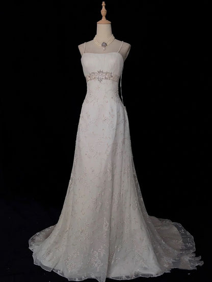 Robe de mariée rétro années 50, coupe trapèze, bretelles spaghetti, perles argentées et dentelle, tailles petites et grandes, idéale pour un mariage printemps-été AB1478