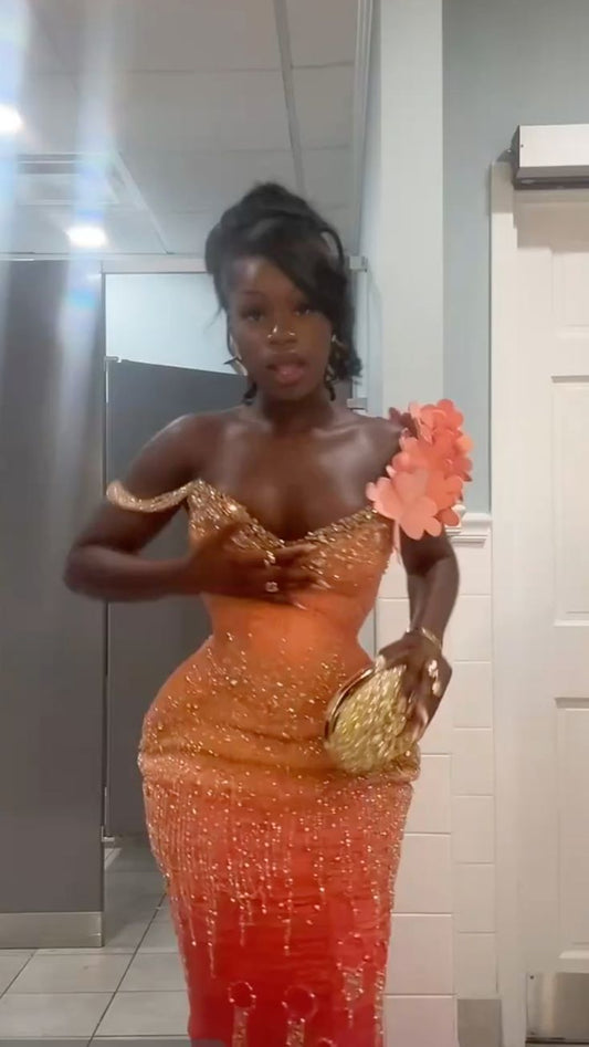 Glitzerndes Spaghettiträger Elegantes Pailletten-Abendkleid Ballkleider Orange Meerjungfrau Bodycon für Damen N4083
