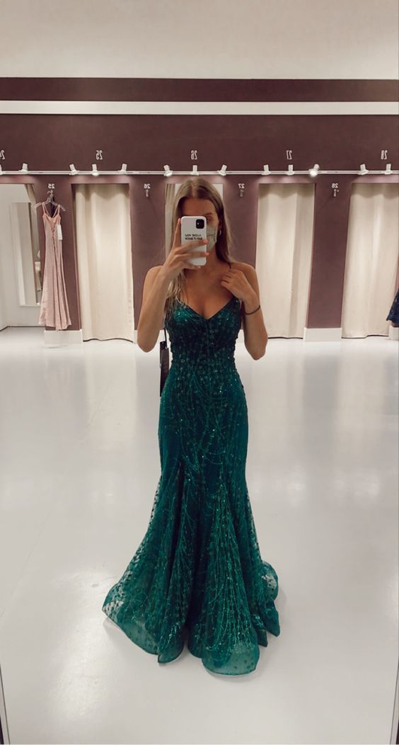 Robe de bal longue sirène charmante à bretelles spaghetti en tulle vert foncé - Inspiration robes de soirée formelles N218