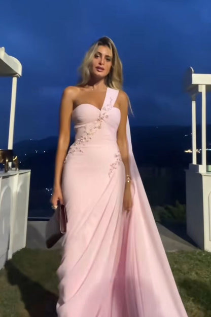 Unique Mermaid One Shoulder Light Pink Chiffon Prom Dresses Long Party Dress 18th Birthday Outfits Prom Gown RB1344