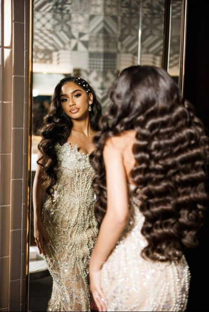 Inspiration robes de bal scintillantes pour jeunes filles et adolescentes noires : robe sirène à décolleté cœur, sequins champagne, longue, semi-formelle, AB2020