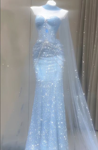 Meerjungfrau-Abendkleid mit Herzausschnitt aus Tüll, langes blaues Ballkleid, figurbetont für Mädchen und Damen N4103