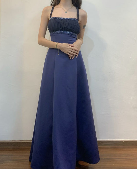 Vintage A-Linie Spaghettiträger Marineblau Satin Ärmelloses Langes Abendkleid Ballkleid Abschlussballkleid N2551