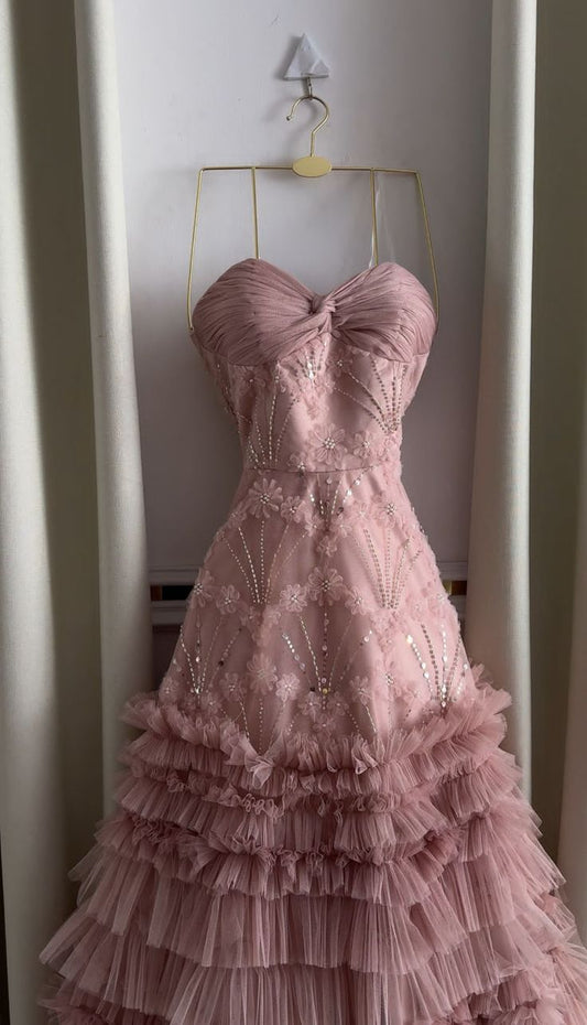 Ball Gown Sweetheart Tiered Ruffled Tulle Long Prom Dress Pink Evening Dresses Sweet 15 16 Gown AB1755
