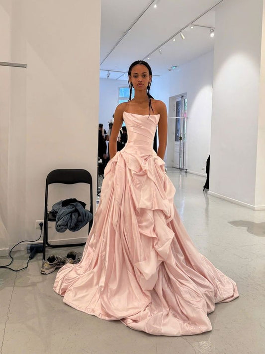 Ball Gown Strapless Tiered Ruffled Satin Long Prom Dress Pink Evening Dresses Sweet 15 16 Gown AB1757