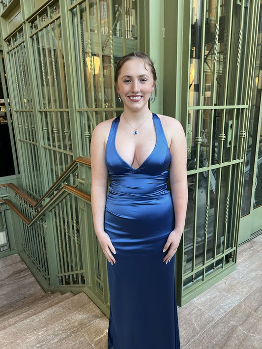 Superbes robes de bal sirène col en V en satin bleu marine longue robe de soirée N2492