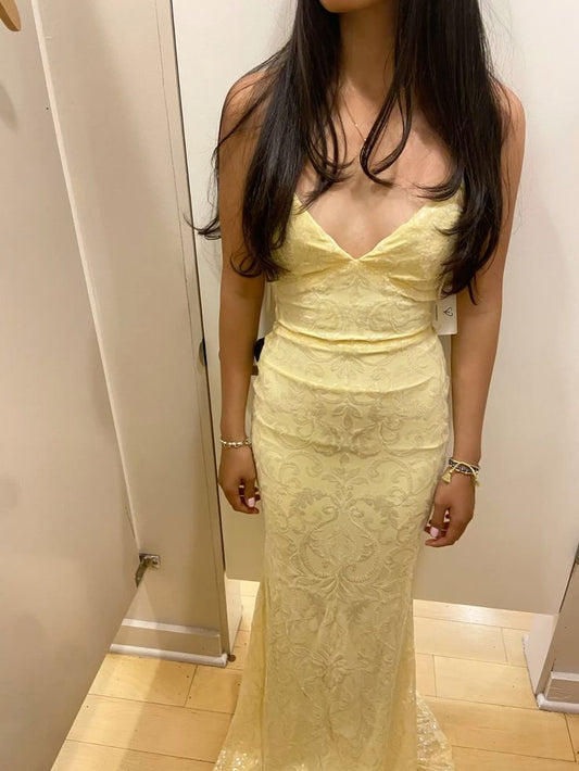 Einfaches Meerjungfrauen-Kleid mit Spaghettiträgern, gelber Spitze, langes Sommerkleid, Strandkleid, Abendkleid, Frühlingshochzeitsgastkleid N1400