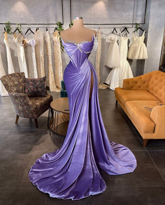 Luxurious Mermaid Sweetheart Purple Velvet With Slit Beads Sequin Prom Dress 16 Birthday Party Dress Evening Dresses AB1188