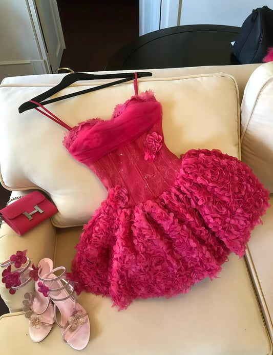 Beautiful Ball Gown Spaghetti Strap Hot Pink With Flowers 17th Birthday Homecoming Dress Graduation Outfits RB6810