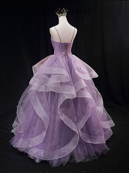 Robe de bal violette à bretelles spaghetti en tulle et sequins, longue robe de soirée formelle pour adolescentes N038