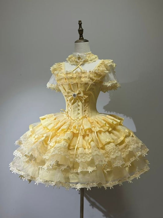 Cute Ball Gown Square Neck Yellow Lace Cocktail Dress Short Mini Homecoming Dresses RB6312