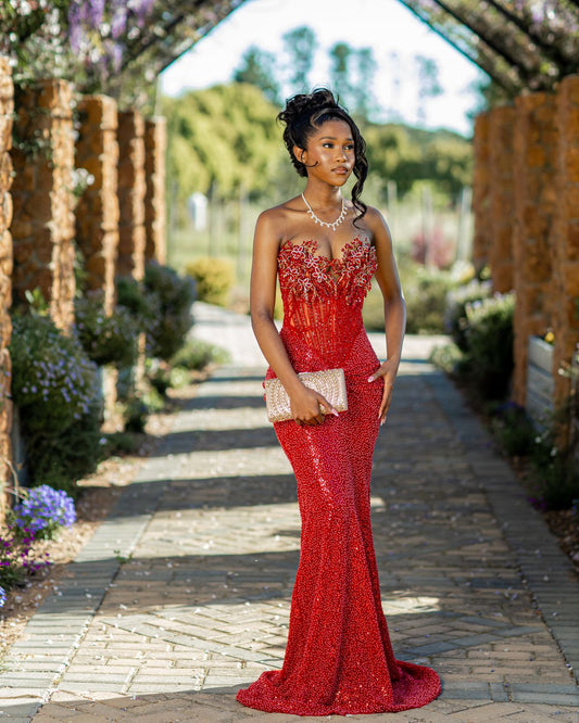 Glitzerndes trägerloses rotes langes Partykleid, Ballkleid, Pailletten-Meerjungfrau-Bodycon für schwarze Mädchen und Frauen N4095