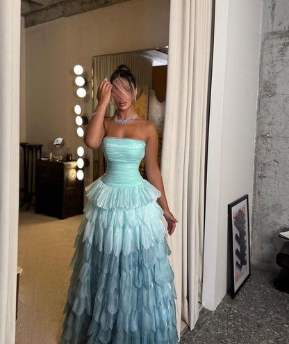 Sexy Ballkleid, trägerlos, blau, mehrlagig, langes Abendkleid, formelles Partykleid AB410