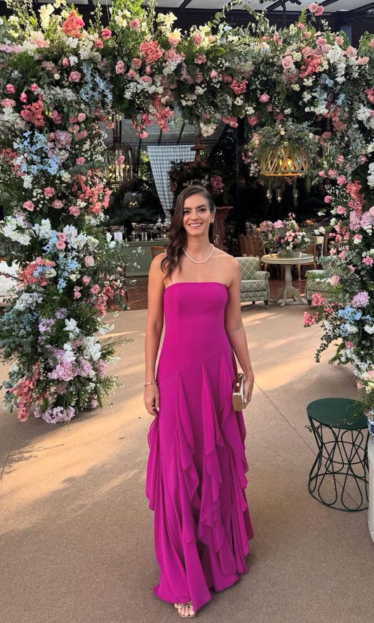 Wunderschönes, ärmelloses, trägerloses A-Linien-Abendkleid aus fuchsiafarbenem Chiffon mit mehrlagigem Oberteil und langem, festlichem Oberteil AB386