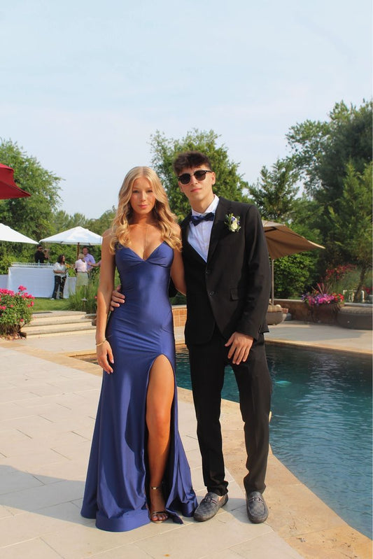 Attractive Blue Mermaid Long Prom Dress With Slit Formal Evening Dress AB375