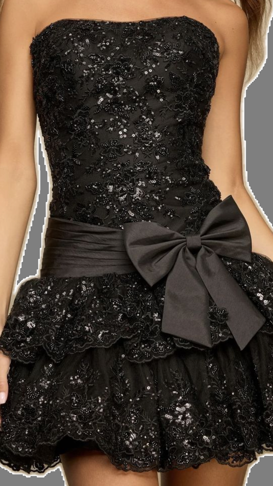 Cute Prom Night Party Outfit Sheath Strapless Little Black Dress Lace Hoco dress inspo Short Homecoming Dresses RB6061