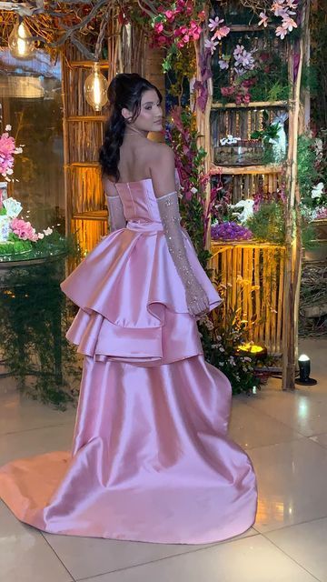 Chic Sheath High Low Strapless Pink Satin With Gloves Prom Dresses Sleeveless Formal Dresses N709