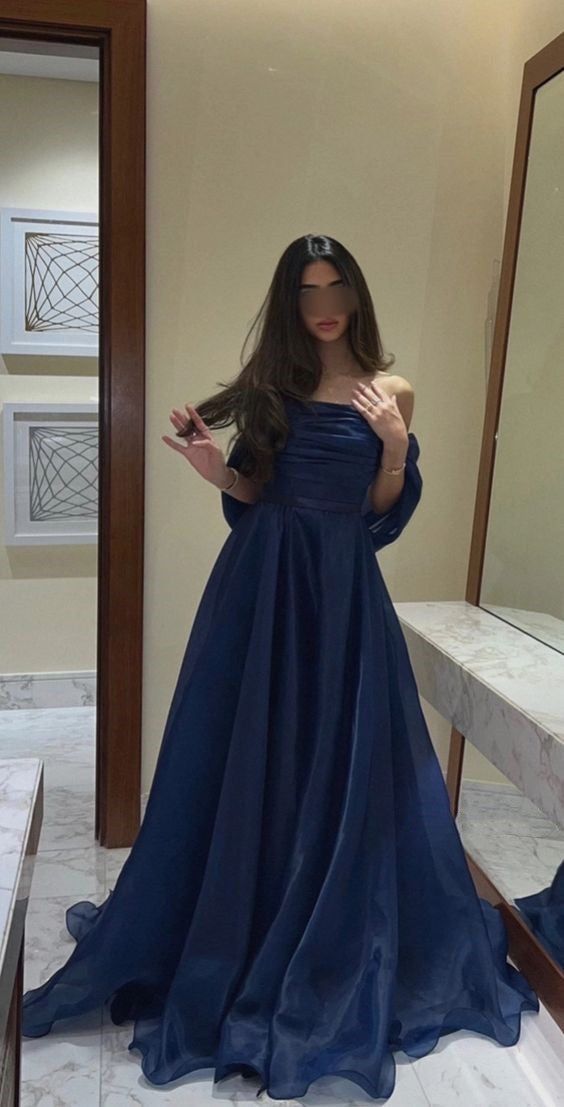 Robe de soirée longue en organza bleu marine, coupe trapèze, AB696