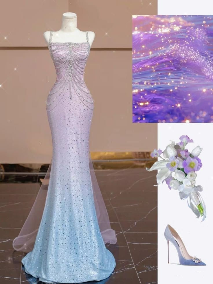 Robe de bal longue sirène à paillettes et col carré rose, bleu et argent, ornée de perles - Inspiration robes de soirée pour femmes - Robe de cérémonie AB1285