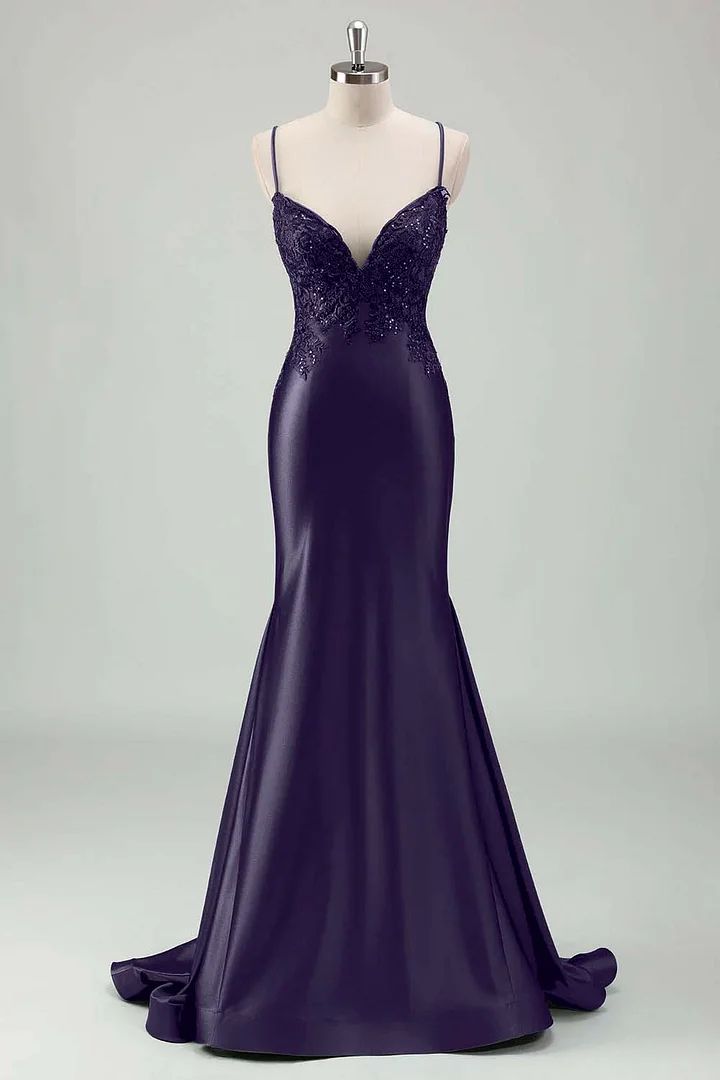 Glitter Mermaid Spaghetti Strap Dark Purple Long Prom Dresses Formal Party Dress Cocktail Maxi Evening Gowns AB1271