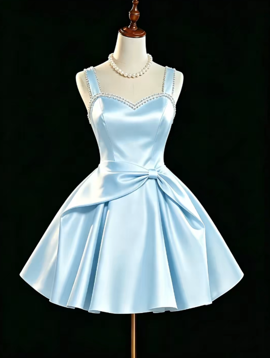 Unique Ball Gown Sweetheart Blue Satin With Pearls University Ideas Homecoming Dresses Inspo Short Hoco Court Gowns RB7187