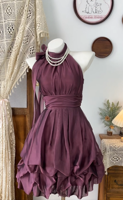 Vintage A Line Halter Burgundy Chiffon Short Mini Party Homecoming Dresses High School Ideas Inspo 18th Birthday Outfits RB7363