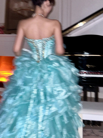 Charming Ball Gown Sweetheart Organza With Tiered Beading Long Prom Dresses Formal Outfits Evening Dress RB8269