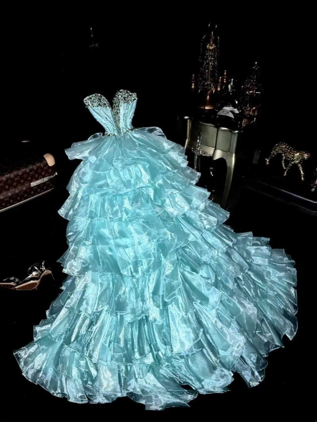 Charming Ball Gown Sweetheart Organza With Tiered Beading Long Prom Dresses Formal Outfits Evening Dress RB8269