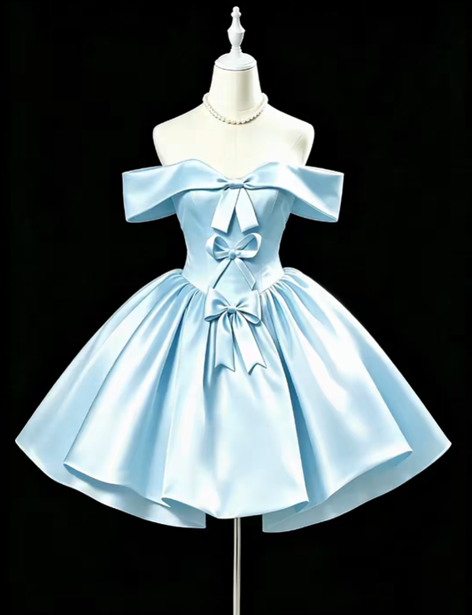 Cute Ball Gown Off The Shoulder Blue Satin Mini University Ideas Homecoming Dress Inspo Short Birthday Dresses Senior Graduation Outfits RB7189
