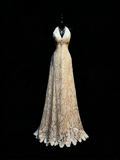 Elegantes, formelles College-Outfit in A-Linie mit V-Ausschnitt aus Champagnerspitze, langes Ballkleid für Teenager N1187