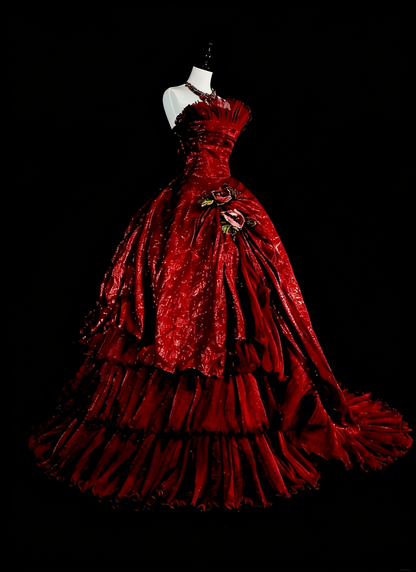 Vintage Abschlussballkleider Ballkleid Trägerlos Burgund Mit Rüschen 1980er Jahre Langes Abendkleid N2707