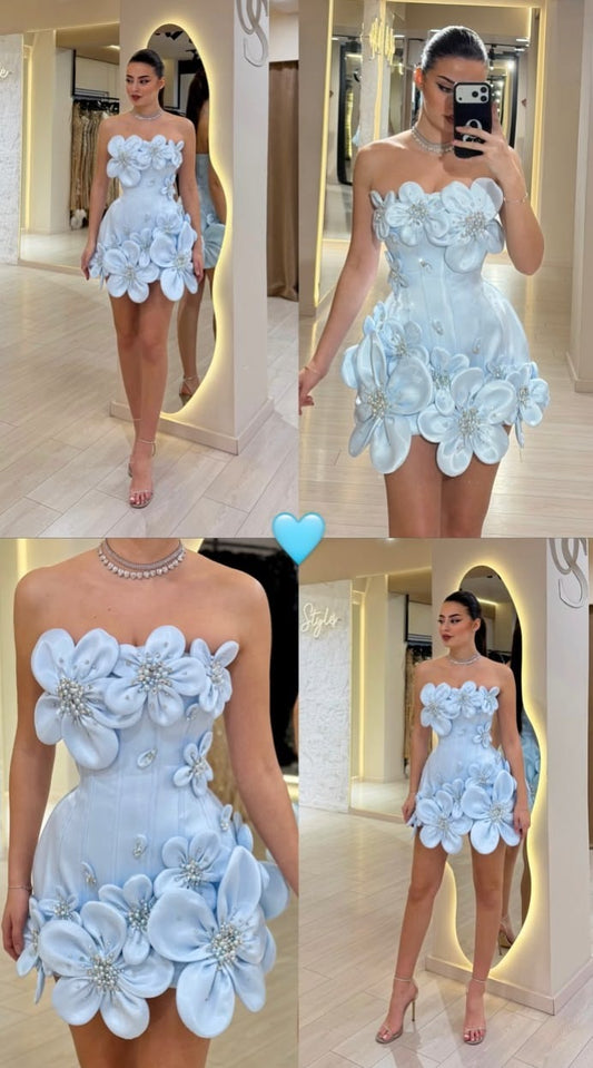 Hoco Dress Charming Sky Blue Strapless Sleeveless Satin Homecoming Dresses Mini With Pearls Birthday Party Outfits RB6429