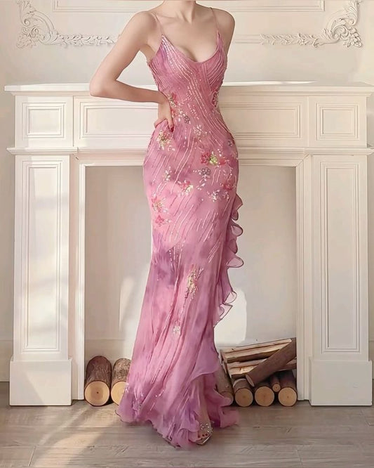 Vintage Meerjungfrau 90er Spaghetti-Träger Rosa mit Perlen Stickerei Abendkleid Langes Ballkleid N2782