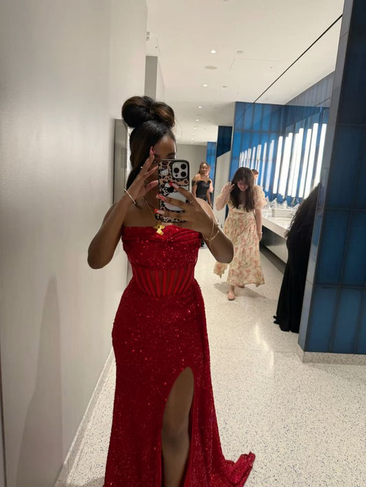 Robe de soirée longue de bal sexy sirène bustier rouge à sequins avec fente haute AB1771