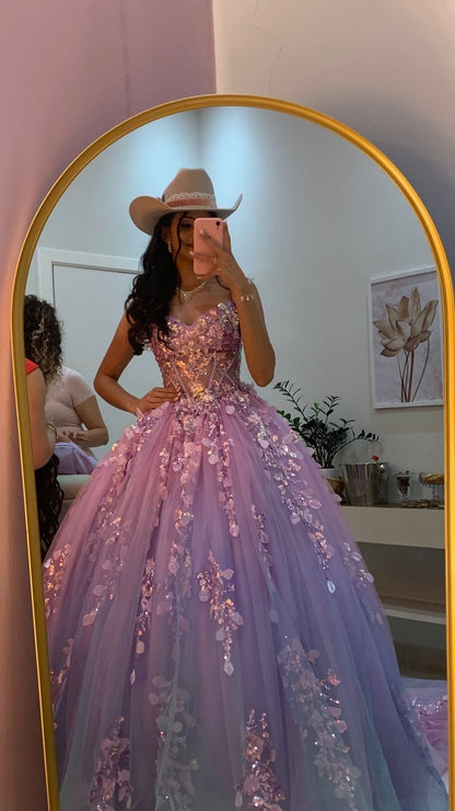 Elegantes Ballkleid mit Herzausschnitt, lila Tüllapplikationen, Abschlussballkleid, Partykleid, langes Abendkleid AB2151