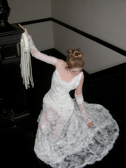 Robe de mariée sirène en dentelle à bretelles, robe de conte de fées, robe de mariée N051