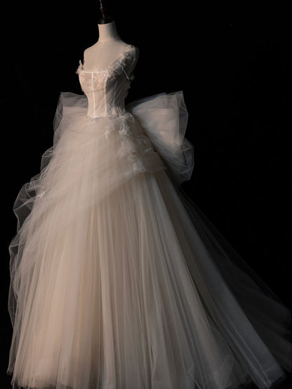 Robe de bal romantique pour femme, col carré, style années 80, ornée d'un nœud en dentelle, en tulle plissé et traîne, robe de mariée AB1488