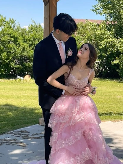 Pretty Off The Shoulder Pink Lace Slit Long Formal Prom Dresses Party Dresses AB1570
