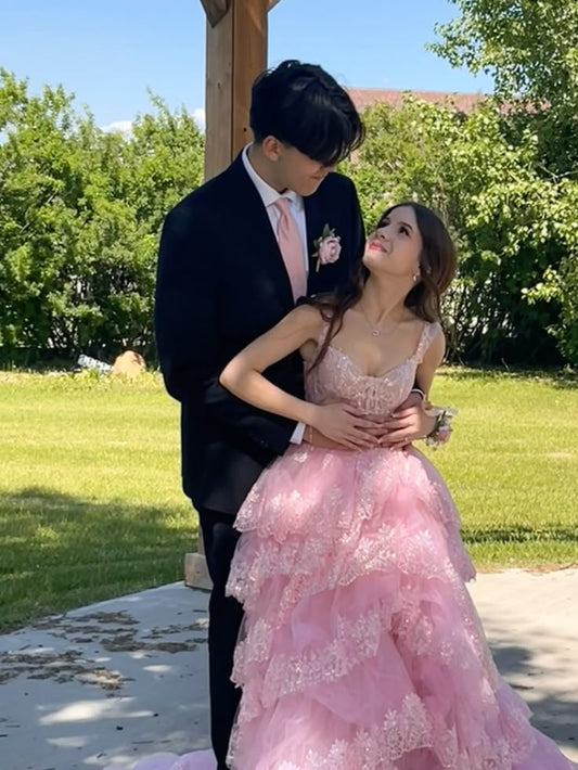 Pretty Off The Shoulder Pink Lace Slit Long Formal Prom Dresses Party Dresses AB1570