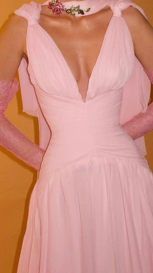 Wunderschönes, rosa Chiffon-Abendkleid in A-Linie mit V-Ausschnitt, ideal als Ballkleid oder Hochzeitsgastkleid (N890)