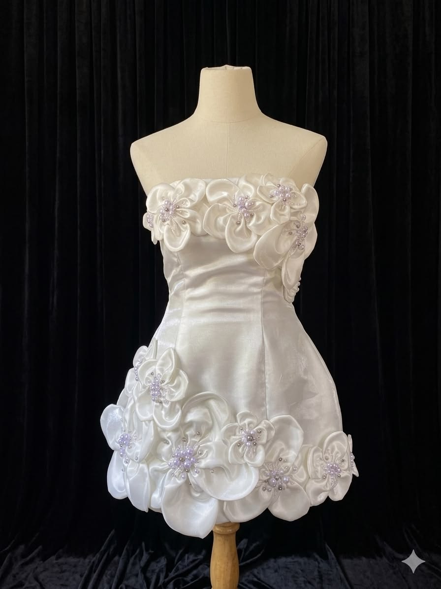 Cute A Line Strapless White Satin Floral Short Homecoming Dress Inspo Ideas Mini Party Dresses RB6854