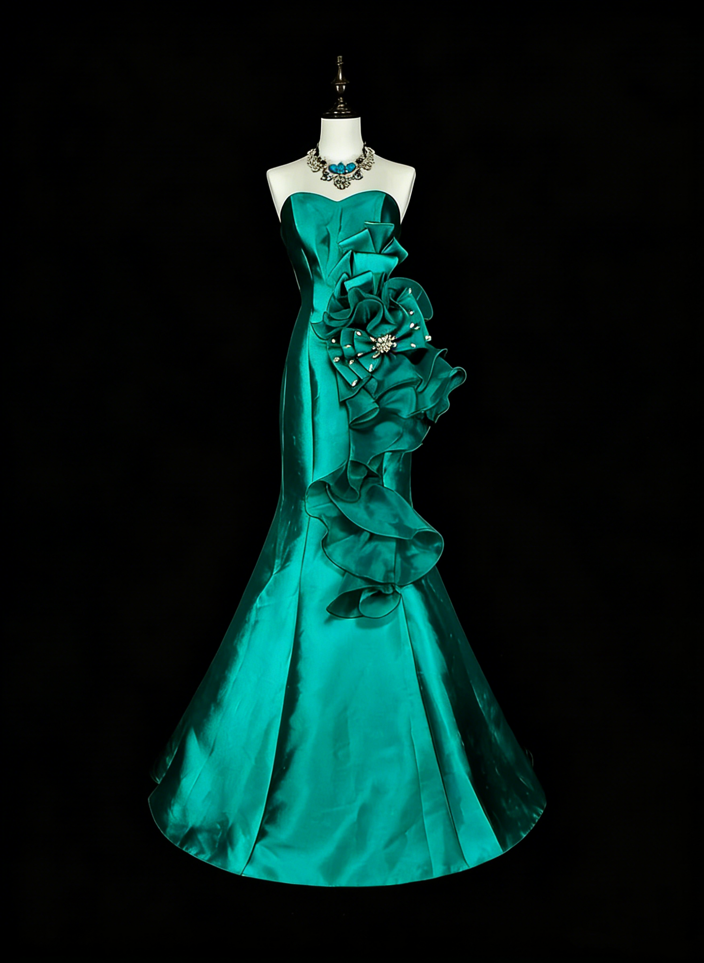 Robe de bal longue vintage sirène vert satin années 70, bustier cœur, taille 4 N1834