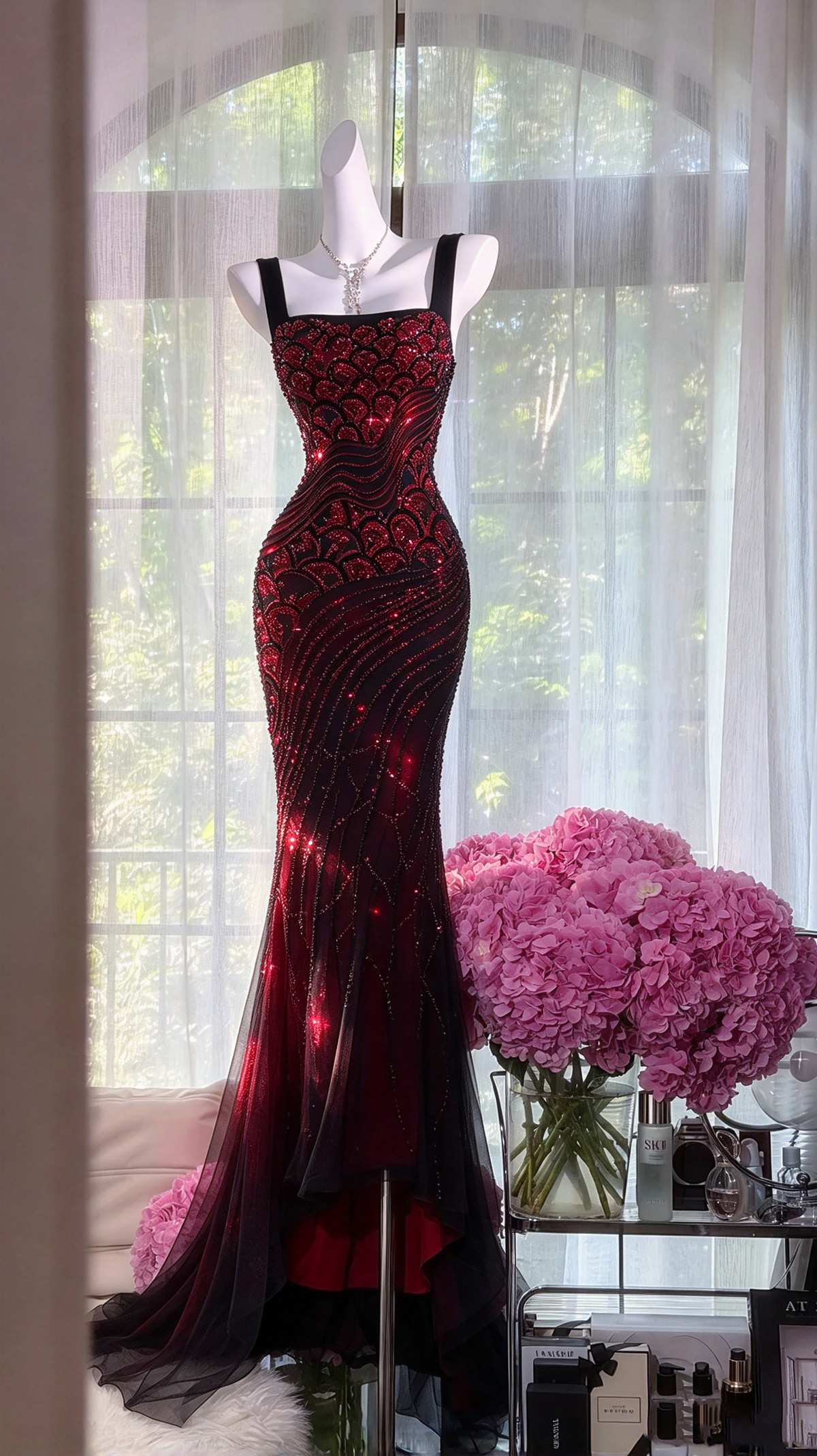 Sexy Mermaid Square Neck Burgundy Black Tulle Beaded Long Prom Dresses Inspo Party Gown RC1266