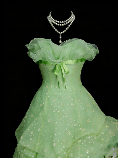 Robe de bal modeste en organza vert, décolleté cœur, style années 80, robe longue inspirée des robes de soirée vintage pour les 16 ans (N1311)